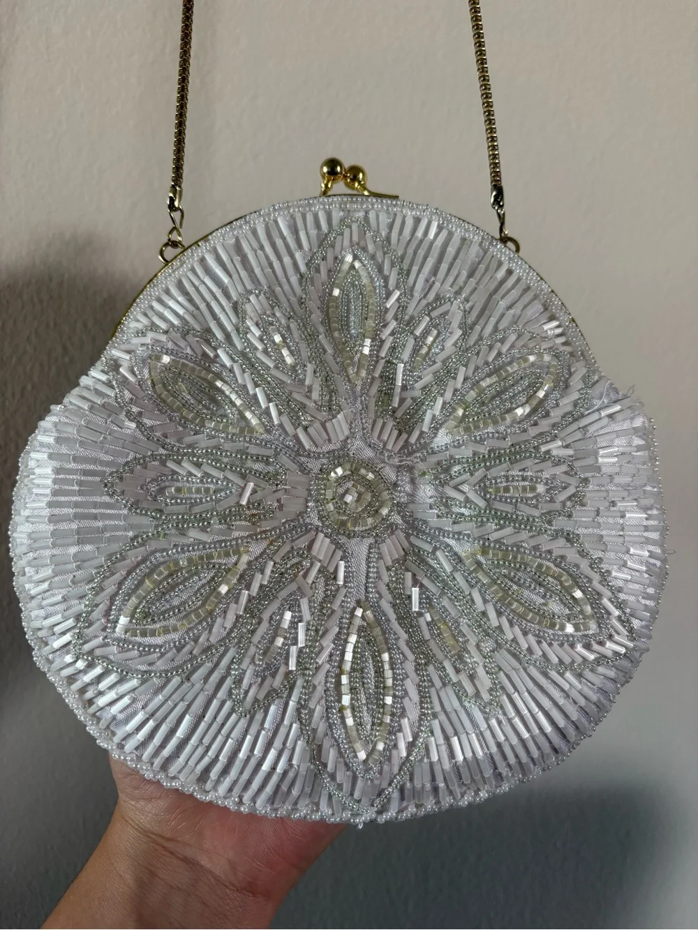 La Regale White Beaded Floral Clutch with Gold Chain